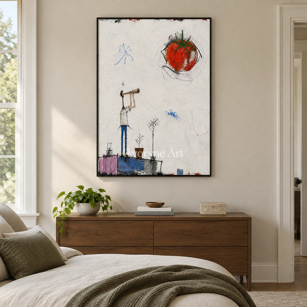 Warm Gesture everyday character wall art with a black frame above a bed in a bedroom