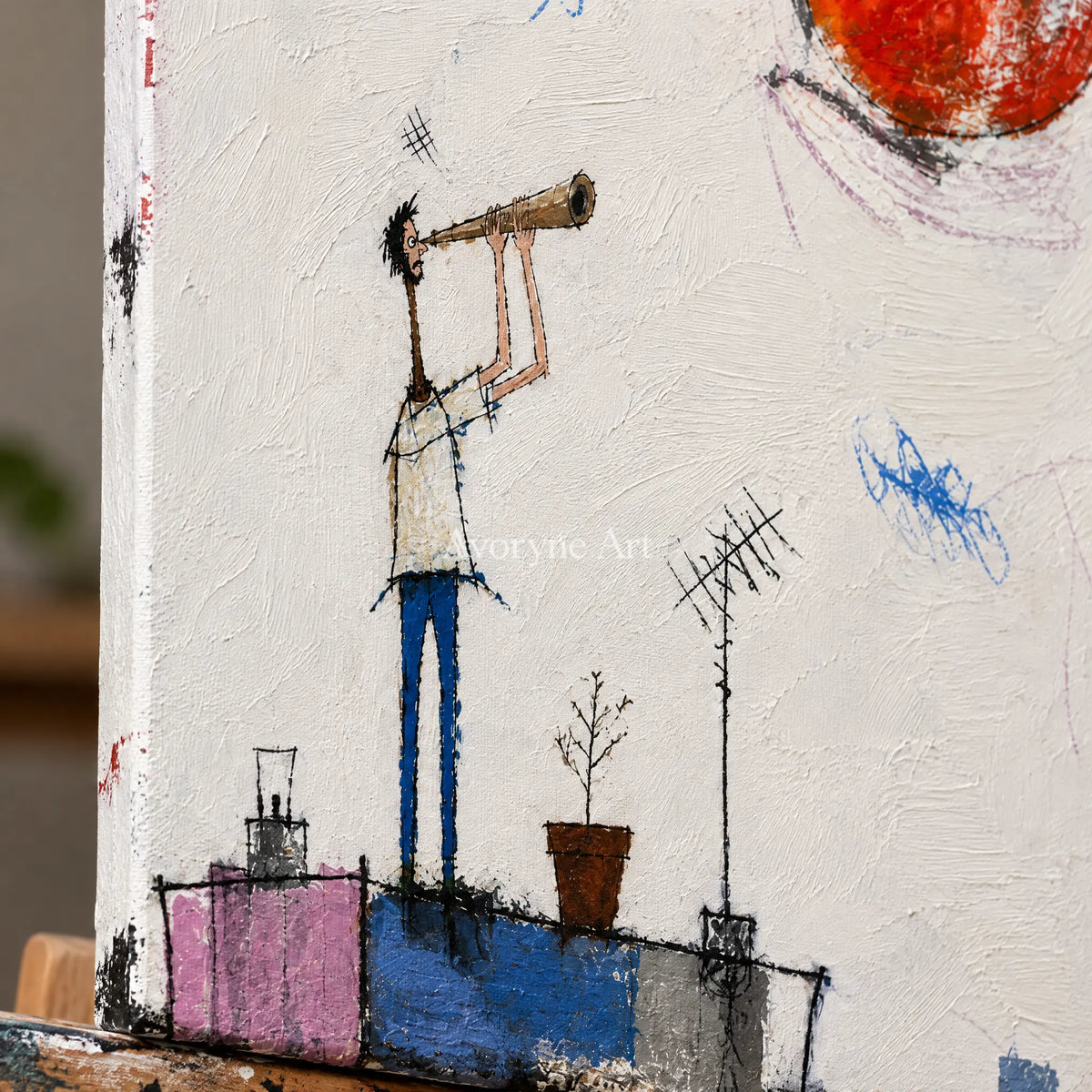 Close-up of the hand-painted texture of Warm Gesture everyday character wall art on an easel