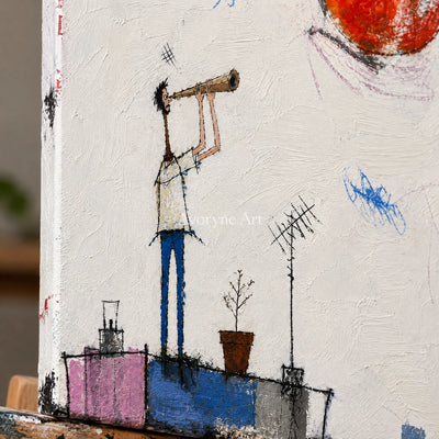 Close-up of the hand-painted texture of Warm Gesture everyday character wall art on an easel