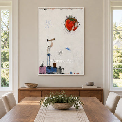Warm Gesture everyday character wall art with a white frame in a dining room