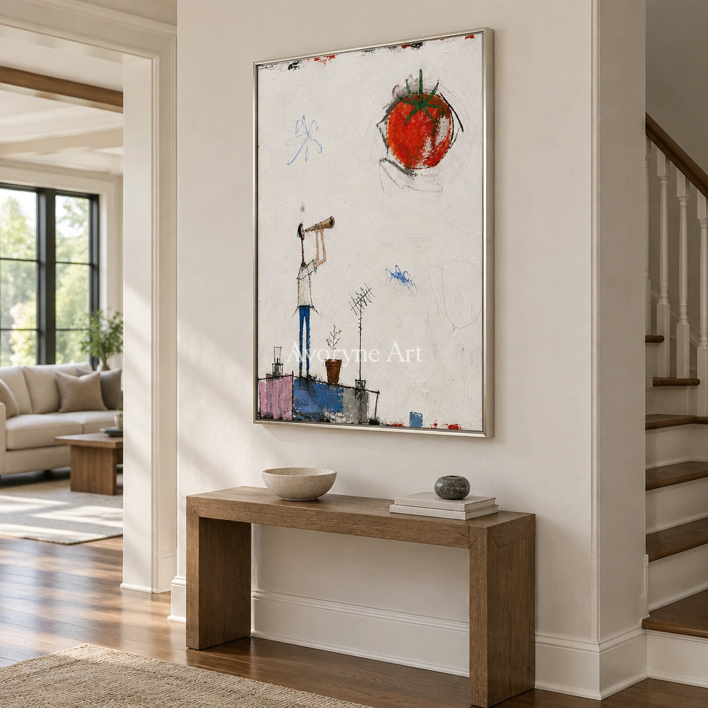 Warm Gesture everyday character wall art with a silver frame in an entryway