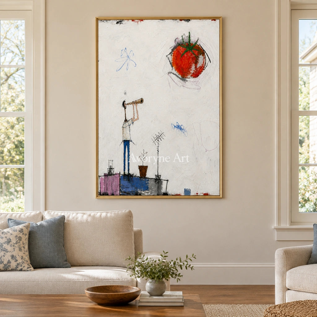 Warm Gesture everyday character wall art with a gold frame hanging in a living room