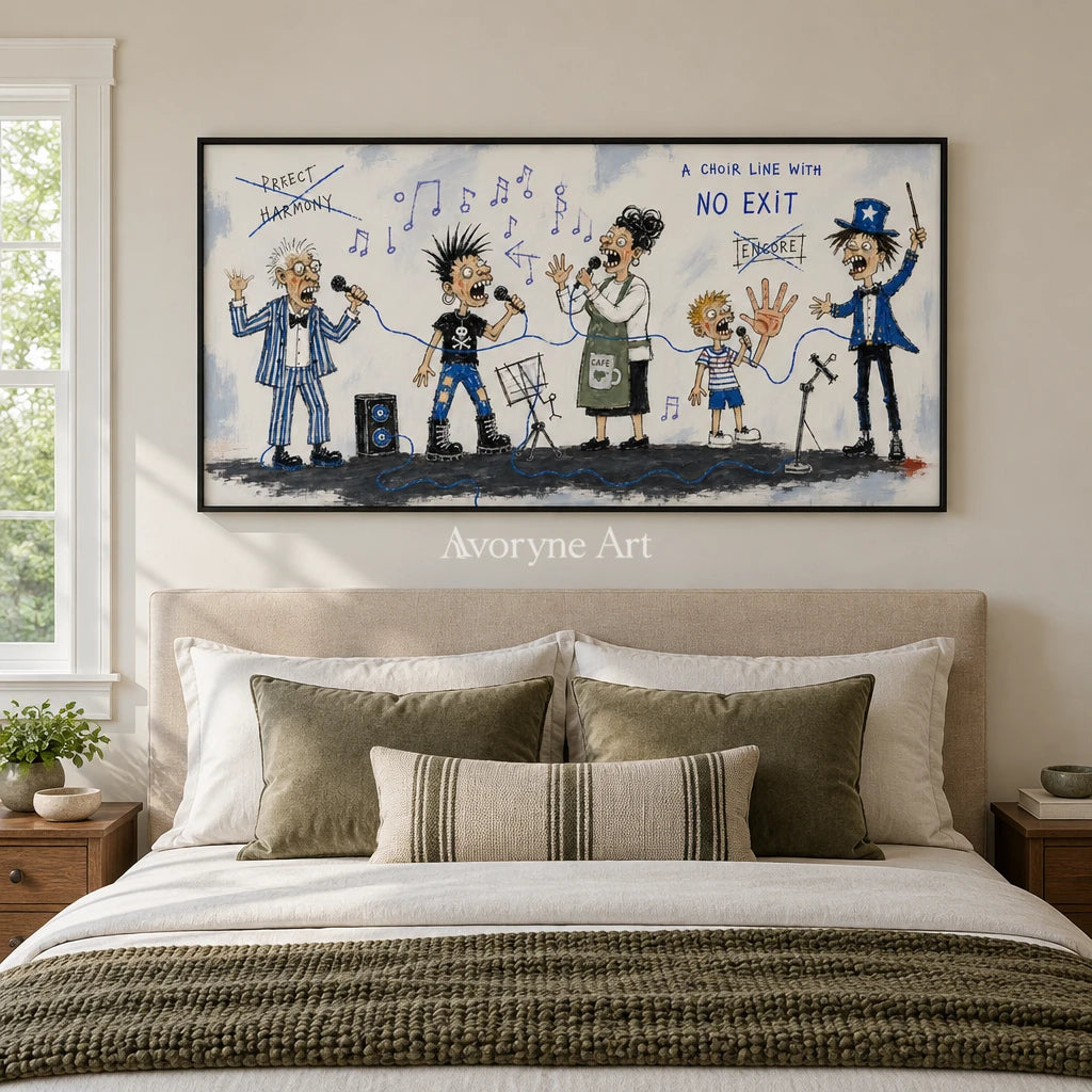 Warm Mosaic everyday character wall art with a black frame above a bed in a bedroom