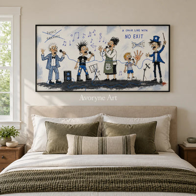 Warm Mosaic everyday character wall art with a black frame above a bed in a bedroom
