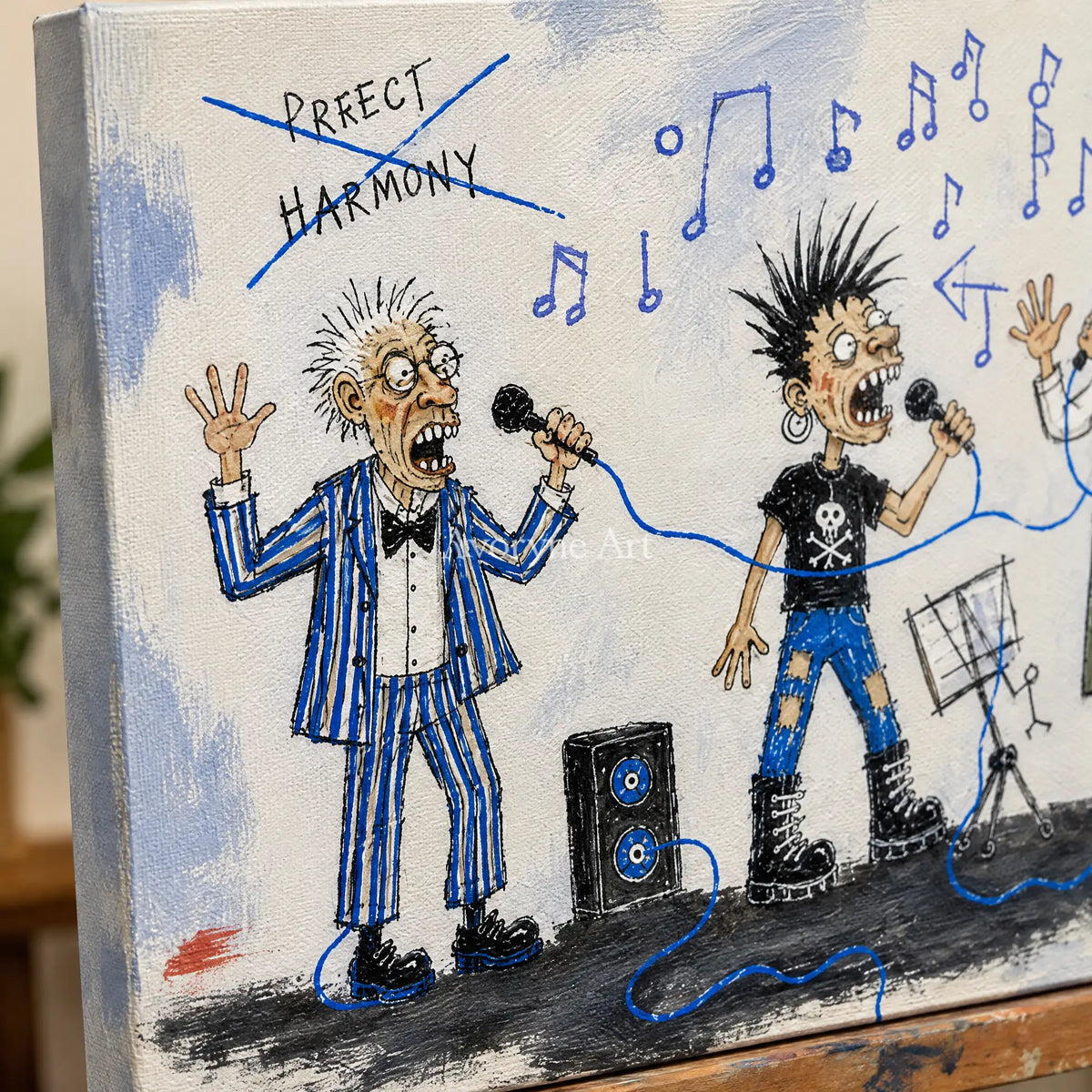 Close-up of the hand-painted texture of Warm Mosaic everyday character wall art on an easel