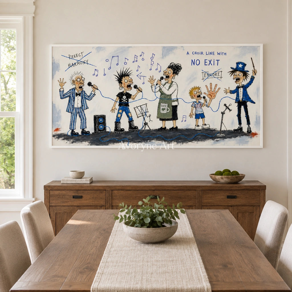 Warm Mosaic everyday character wall art with a white frame in a dining room
