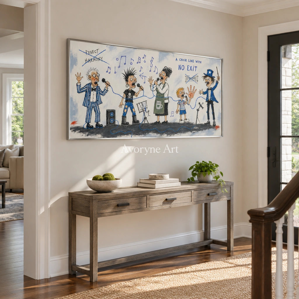 Warm Mosaic everyday character wall art with a silver frame in an entryway