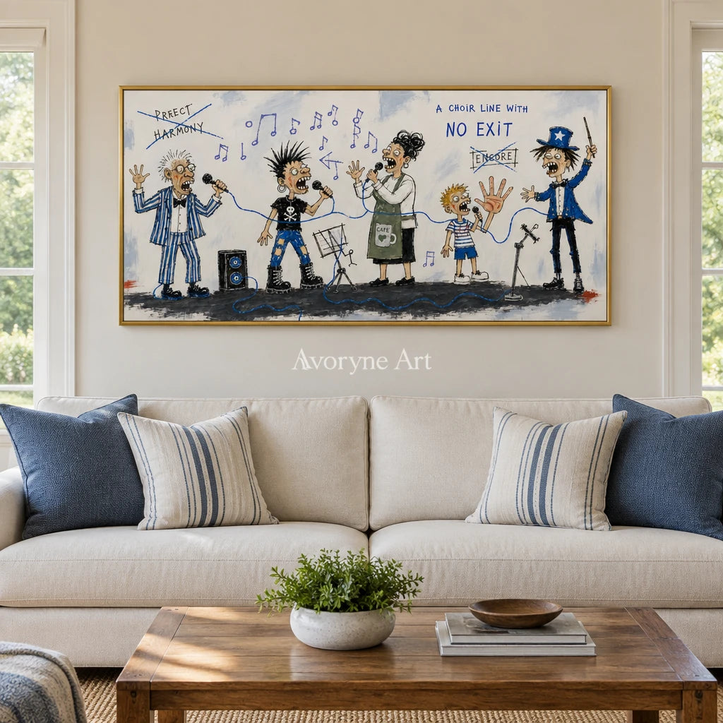 Warm Mosaic everyday character wall art with a gold frame hanging in a living room