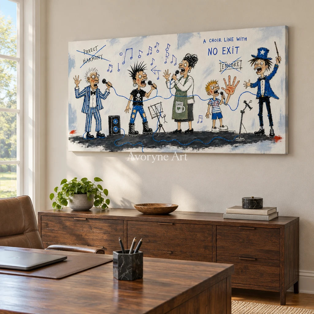 Warm Mosaic everyday character wall art as a frameless stretched canvas in a home office