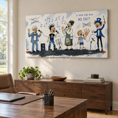 Warm Mosaic everyday character wall art as a frameless stretched canvas in a home office
