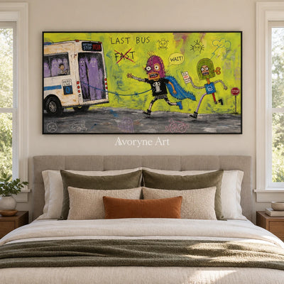 Warm Drift everyday character wall art with a black frame above a bed in a bedroom