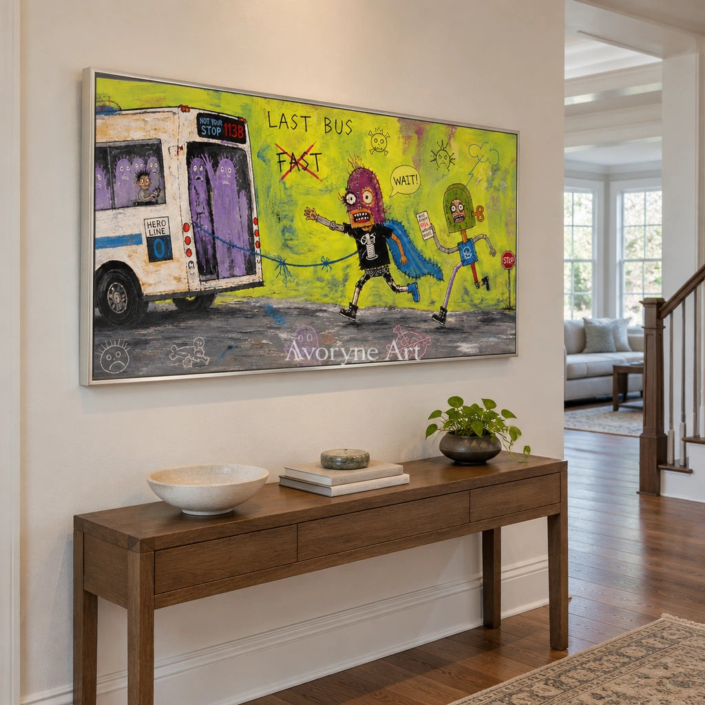 Warm Drift everyday character wall art with a silver frame in an entryway