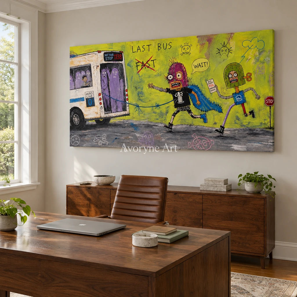 Warm Drift everyday character wall art as a frameless stretched canvas in a home office