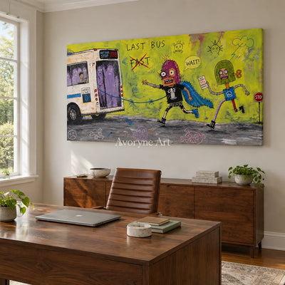 Warm Drift everyday character wall art as a frameless stretched canvas in a home office