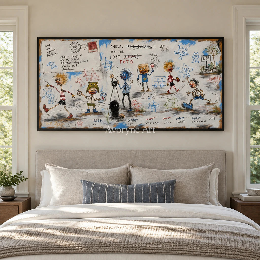 Warm Verse everyday character wall art with a black frame above a bed in a bedroom