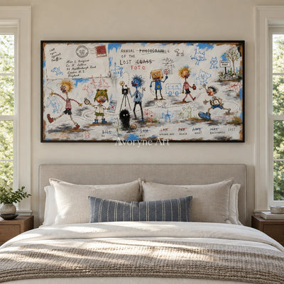 Warm Verse everyday character wall art with a black frame above a bed in a bedroom