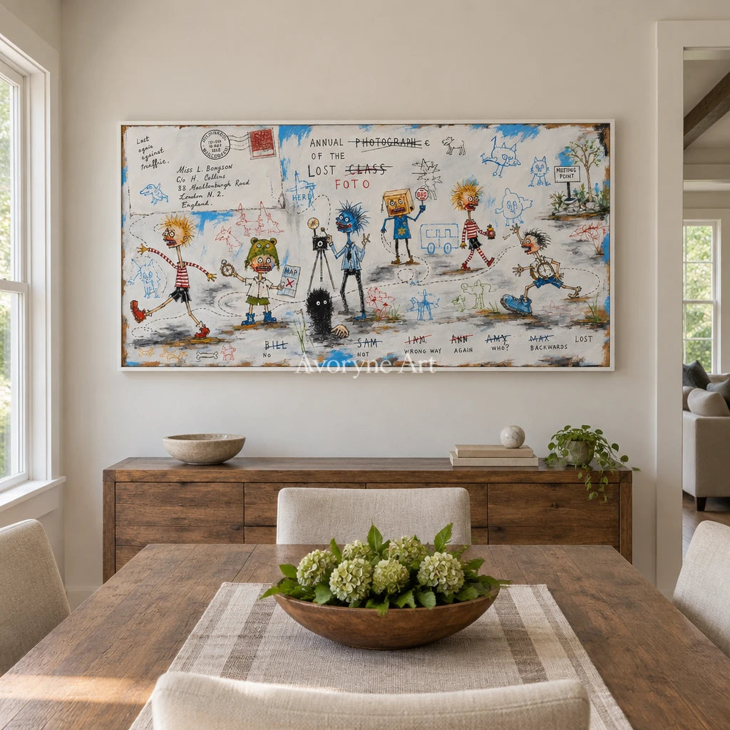 Warm Verse everyday character wall art with a white frame in a dining room