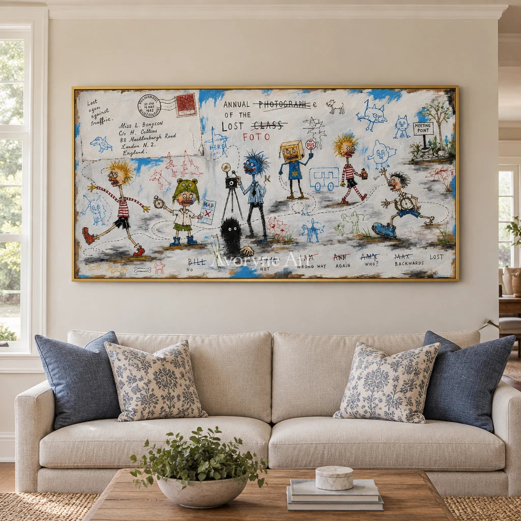 Warm Verse everyday character wall art with a gold frame hanging in a living room