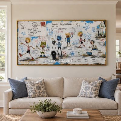 Warm Verse everyday character wall art with a gold frame hanging in a living room