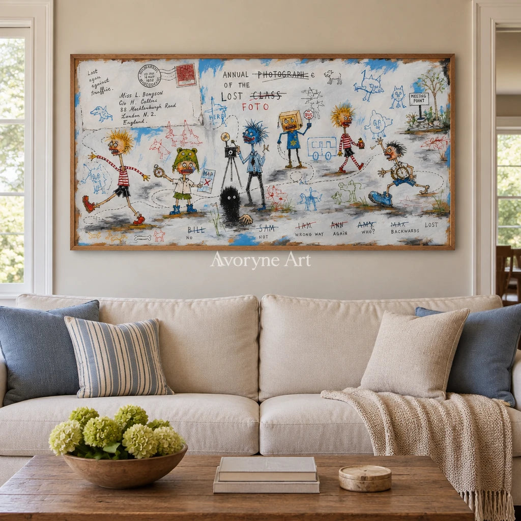 Warm Verse everyday character wall art with a wood frame in a villa living space
