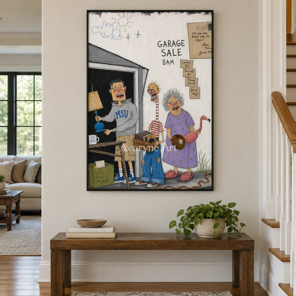 Warm Memory everyday character wall art with a black frame above a bed in a bedroom