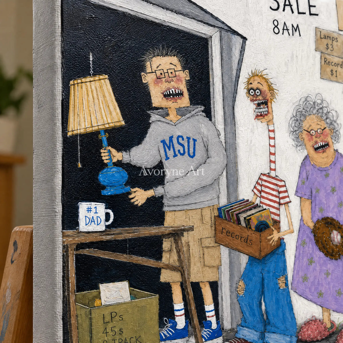 Close-up of the hand-painted texture of Warm Memory everyday character wall art on an easel