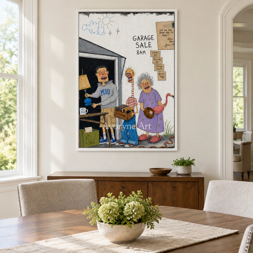 Warm Memory everyday character wall art with a white frame in a dining room