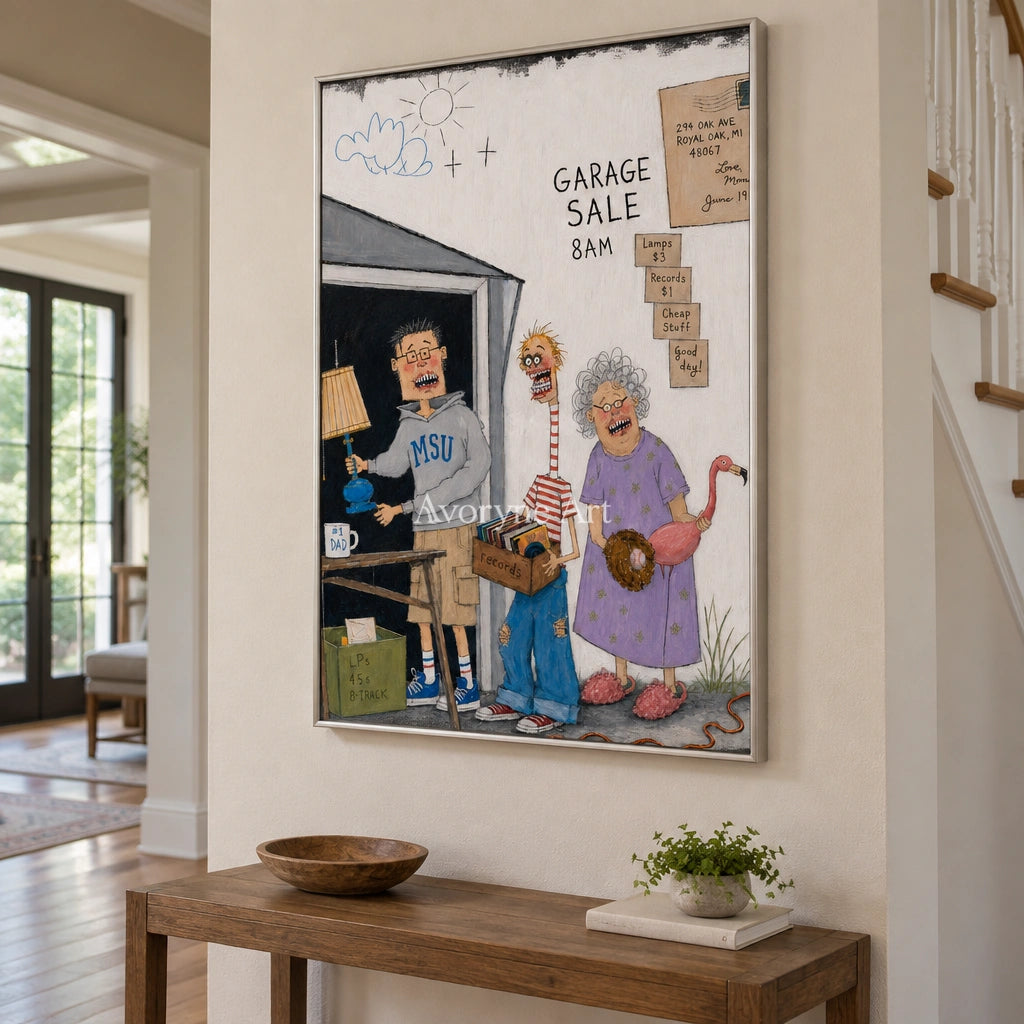 Warm Memory everyday character wall art with a silver frame in an entryway