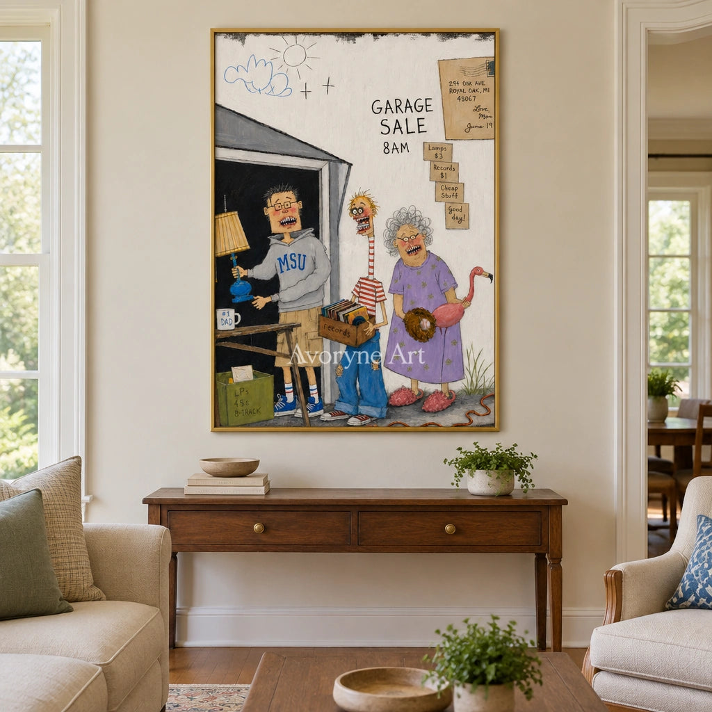 Warm Memory everyday character wall art with a gold frame hanging in a living room