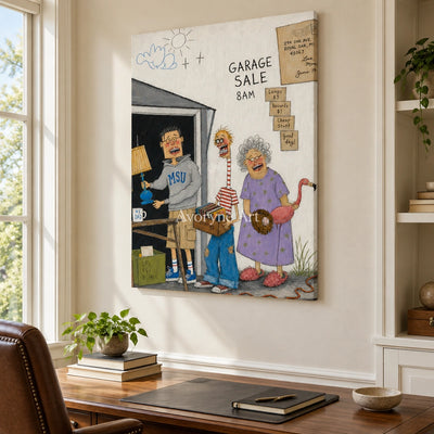 Warm Memory everyday character wall art as a frameless stretched canvas in a home office