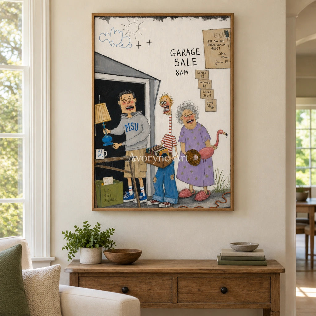 Warm Memory everyday character wall art with a wood frame in a villa living space