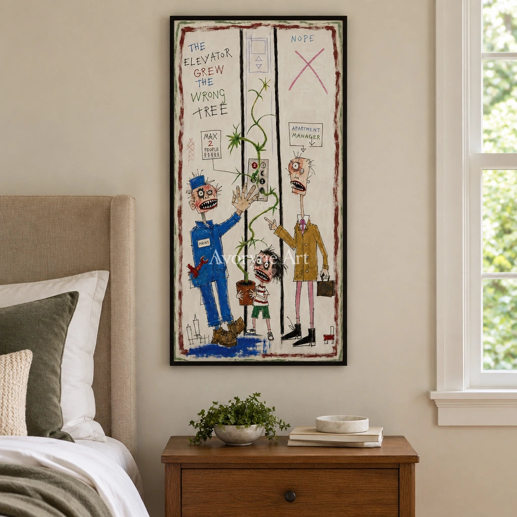 Warm Story everyday character wall art with a black frame above a bed in a bedroom