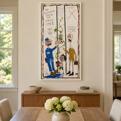 Warm Story everyday character wall art with a white frame in a dining room