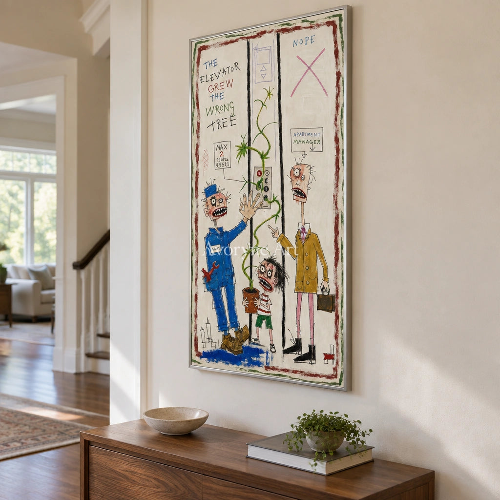Warm Story everyday character wall art with a silver frame in an entryway