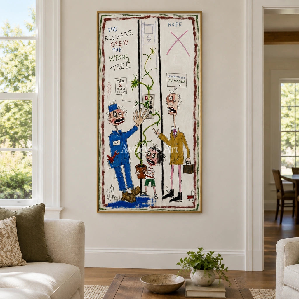 Warm Story everyday character wall art with a gold frame hanging in a living room