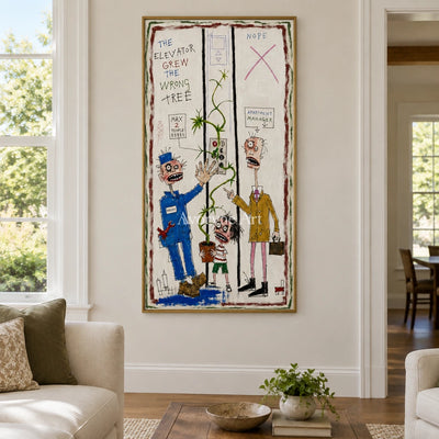 Warm Story everyday character wall art with a gold frame hanging in a living room