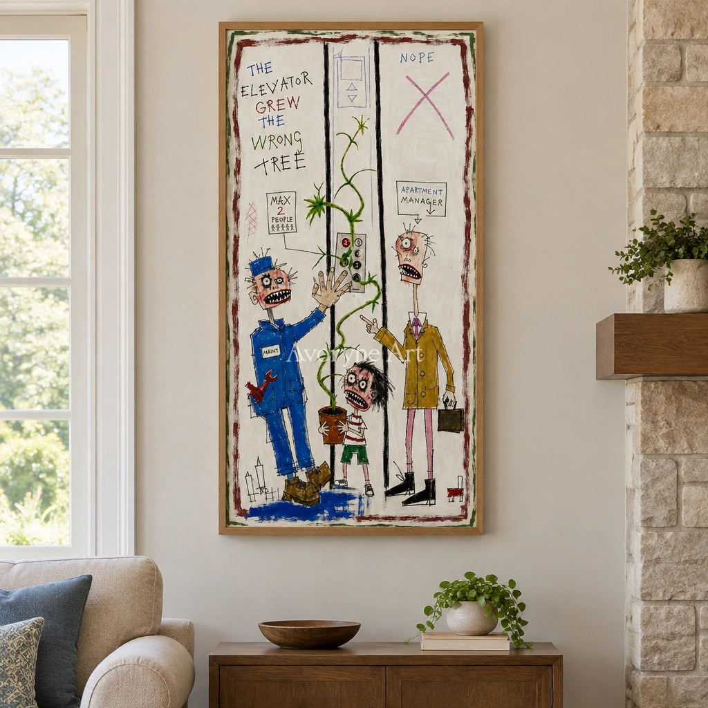 Warm Story everyday character wall art with a wood frame in a villa living space