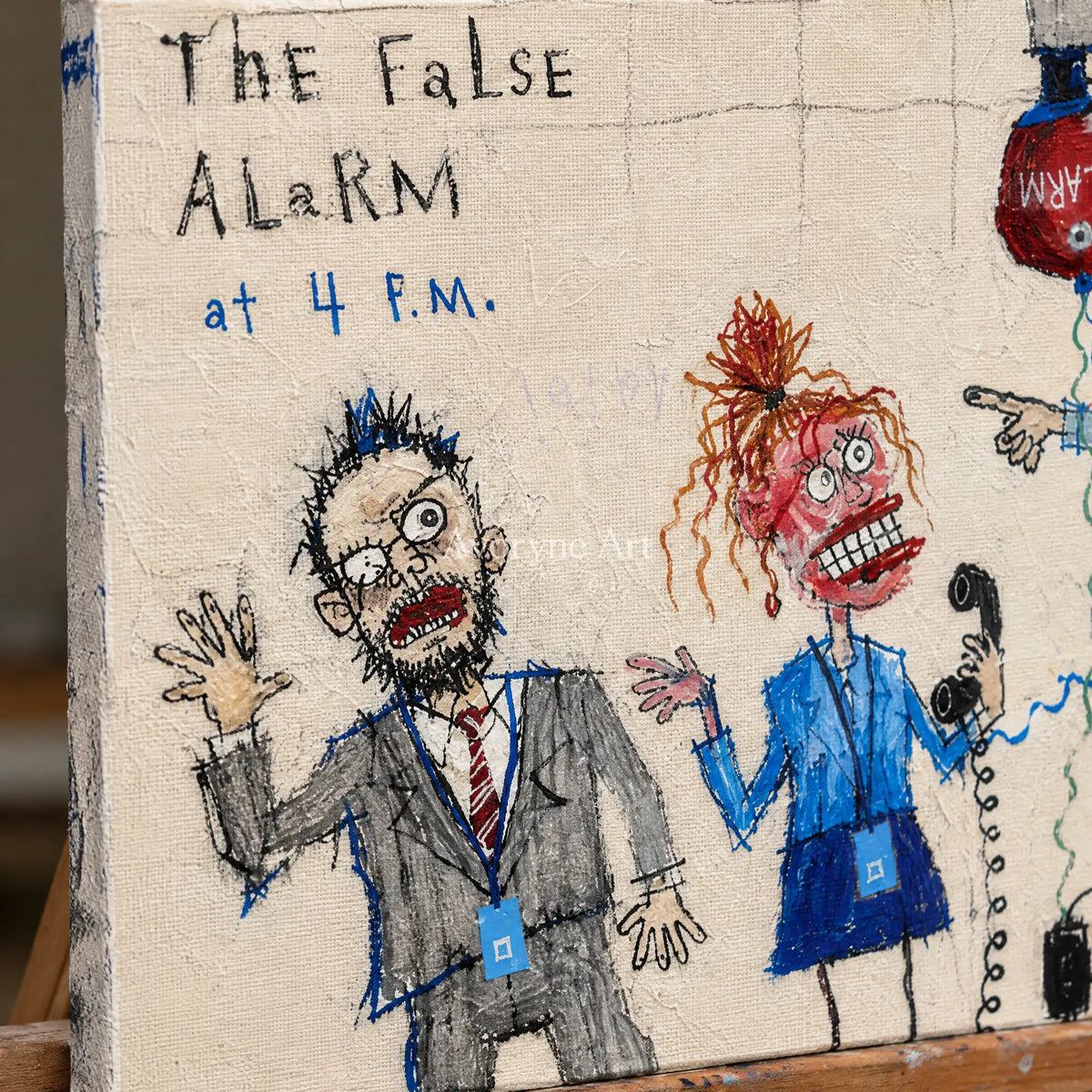 Close-up of the hand-painted texture of Warm Vista everyday character wall art on an easel