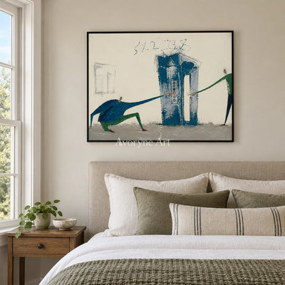 Warm Current everyday character wall art with a black frame above a bed in a bedroom