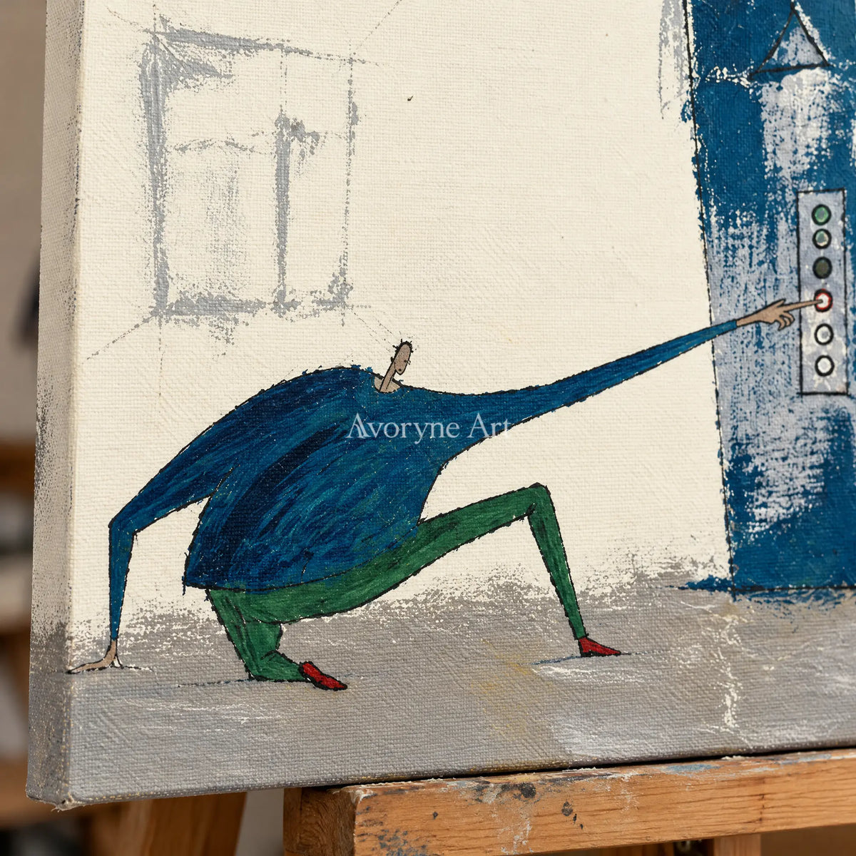 Close-up of the hand-painted texture of Warm Current everyday character wall art on an easel