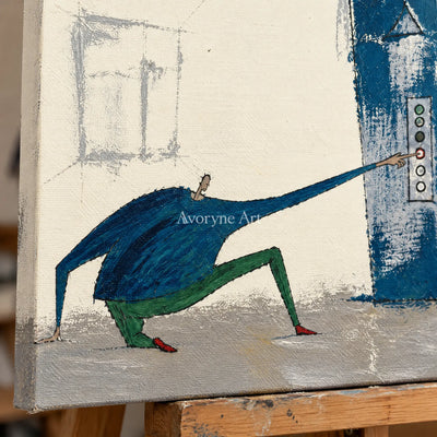 Close-up of the hand-painted texture of Warm Current everyday character wall art on an easel