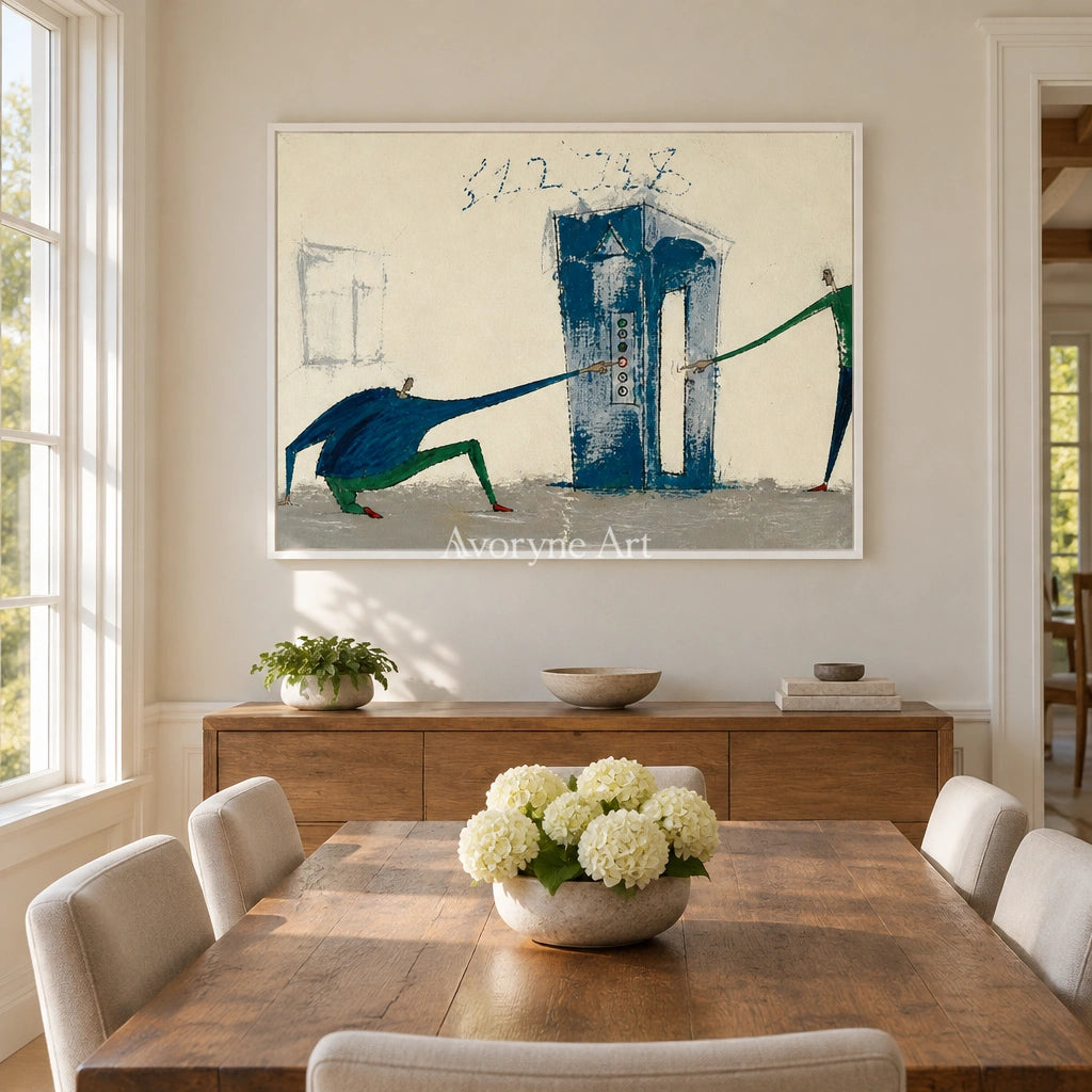 Warm Current everyday character wall art with a white frame in a dining room