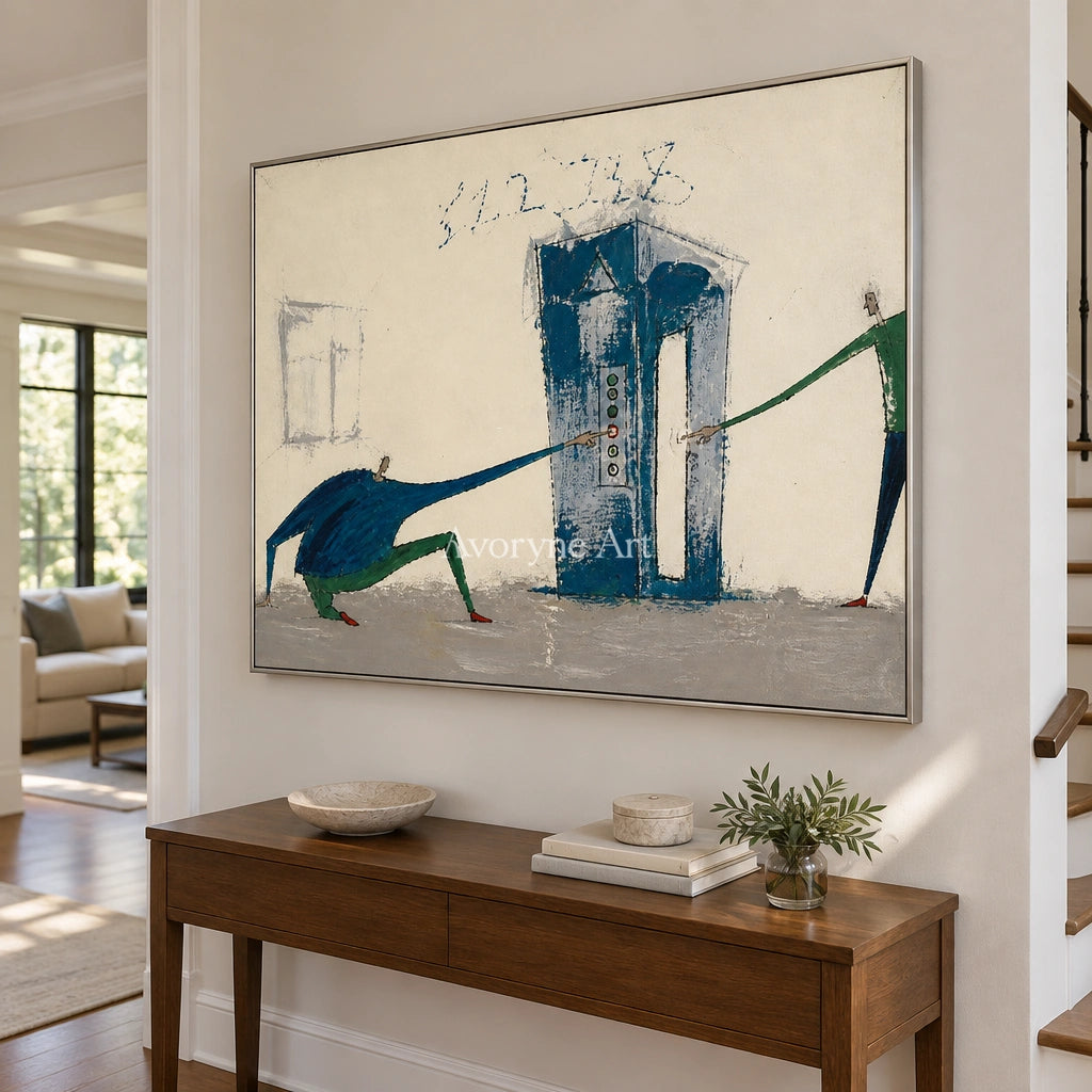 Warm Current everyday character wall art with a silver frame in an entryway