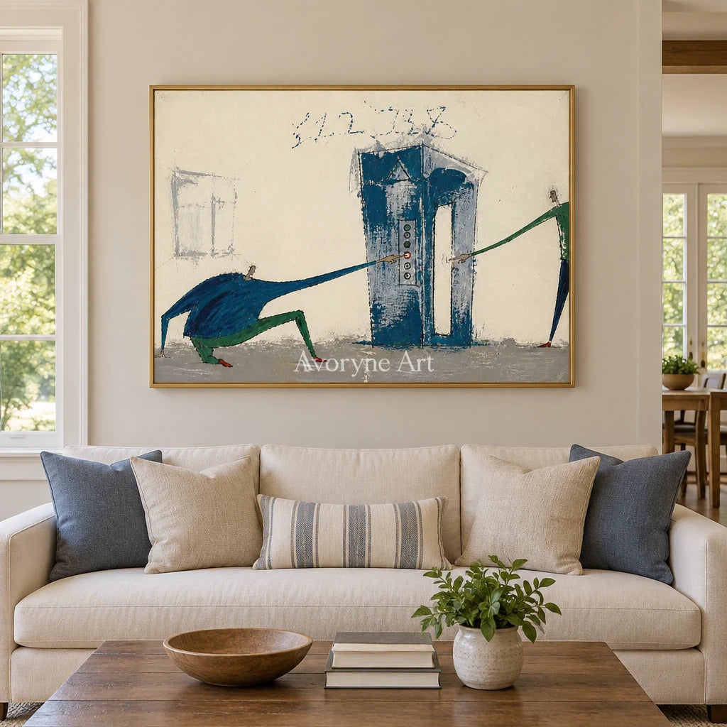 Warm Current everyday character wall art with a gold frame hanging in a living room