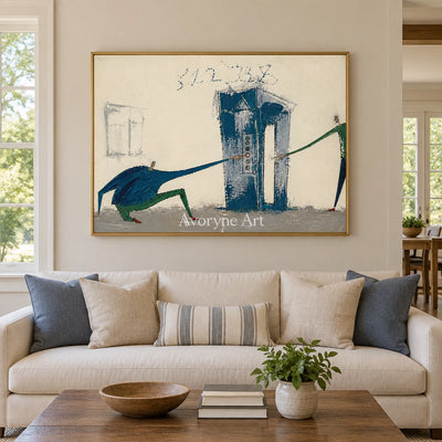 Warm Current everyday character wall art with a gold frame hanging in a living room