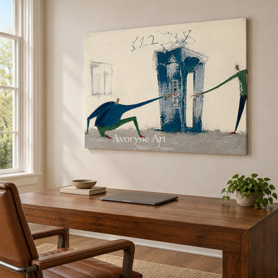 Warm Current everyday character wall art as a frameless stretched canvas in a home office