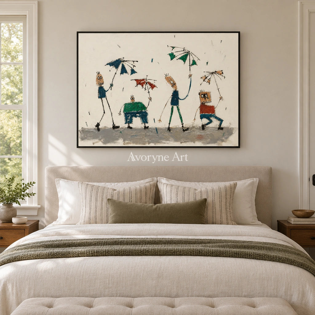 Warm Solace everyday character wall art with a black frame above a bed in a bedroom