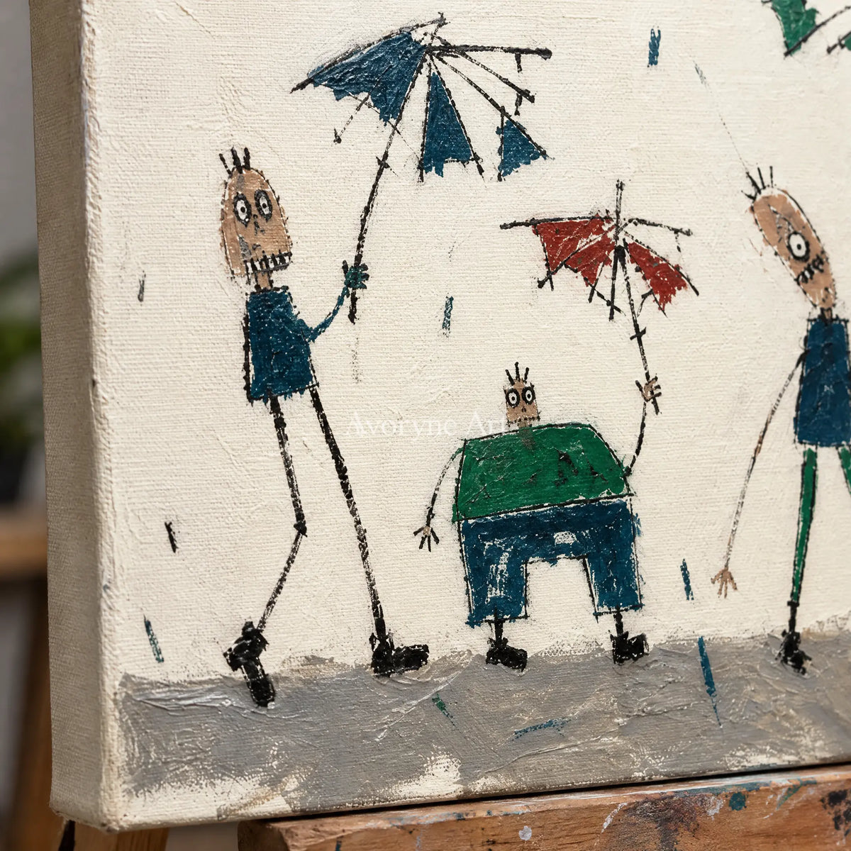 Close-up of the hand-painted texture of Warm Solace everyday character wall art on an easel