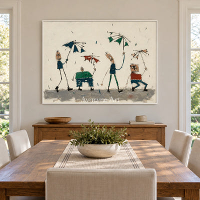 Warm Solace everyday character wall art with a white frame in a dining room