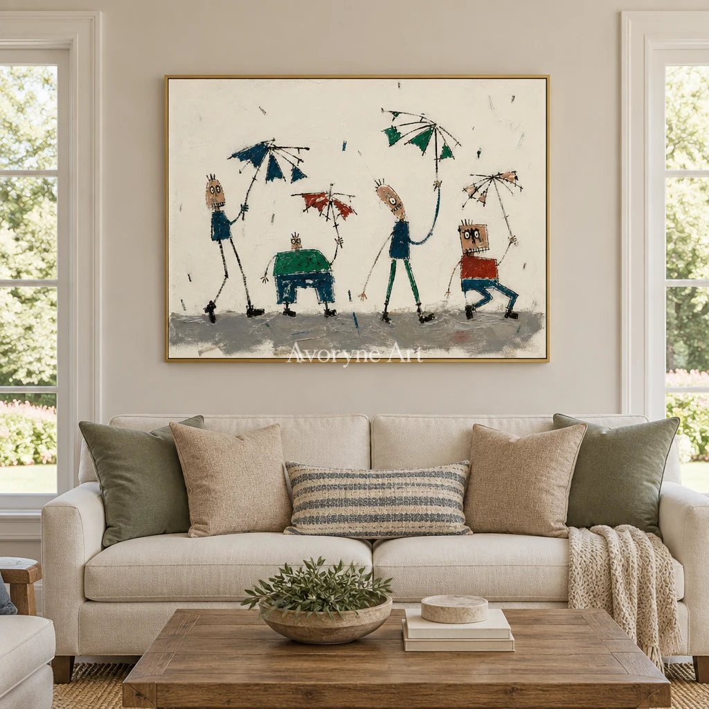 Warm Solace everyday character wall art with a gold frame hanging in a living room